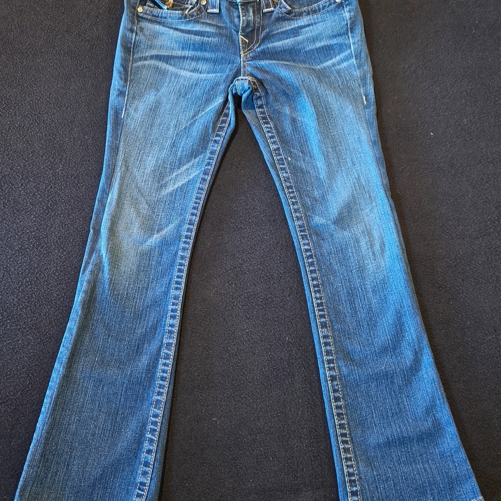True Religion Rare Blue Billy Reclaimed Super T Straight Leg Jeans Size 27